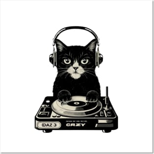 Black Cat DJ Crazy Vintage Funny Cat Posters and Art